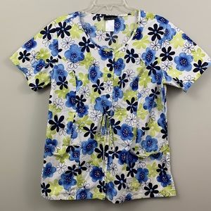 Cherokee scrub top- blue green flower